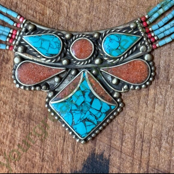 Tibetan Alpaca Silver Turquoise & Coral Mosaic Beaded Necklace - Picture 2 of 4